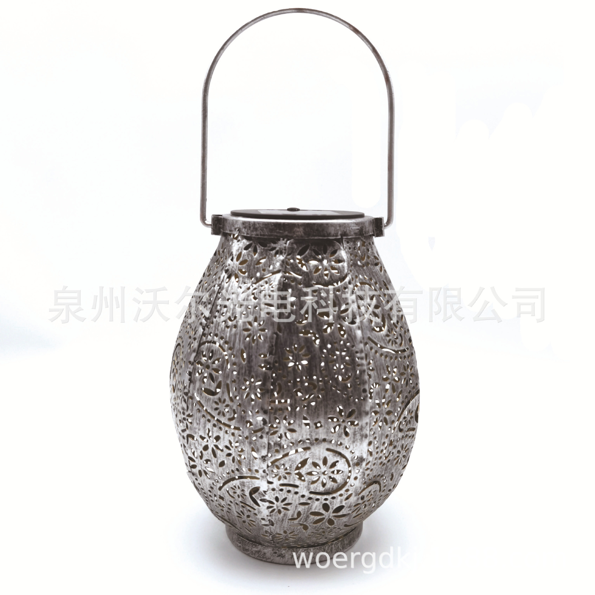 亚马逊热销花园太阳能镂空灯笼LED 银色复古庭院装饰灯草坪手提灯