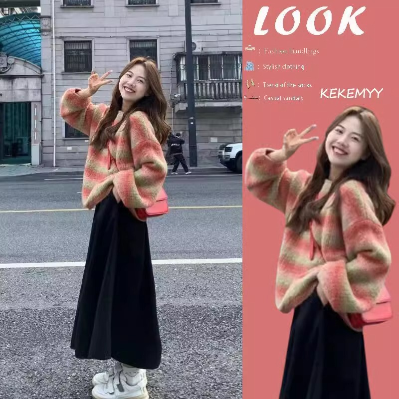 Winter wear with a set of women's 2023 new chubby girl Korean style rainbow contrast color loose sweater skirt two-piece set