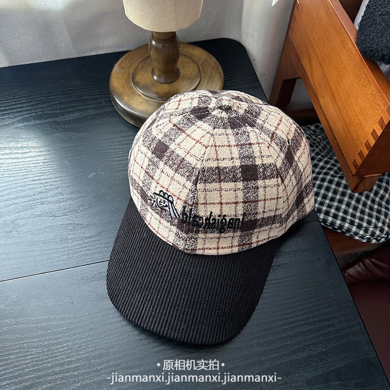 秋冬复古呢子面料格纹鸭舌帽女显脸小刺绣拼色灯芯绒格子棒球帽|undefined