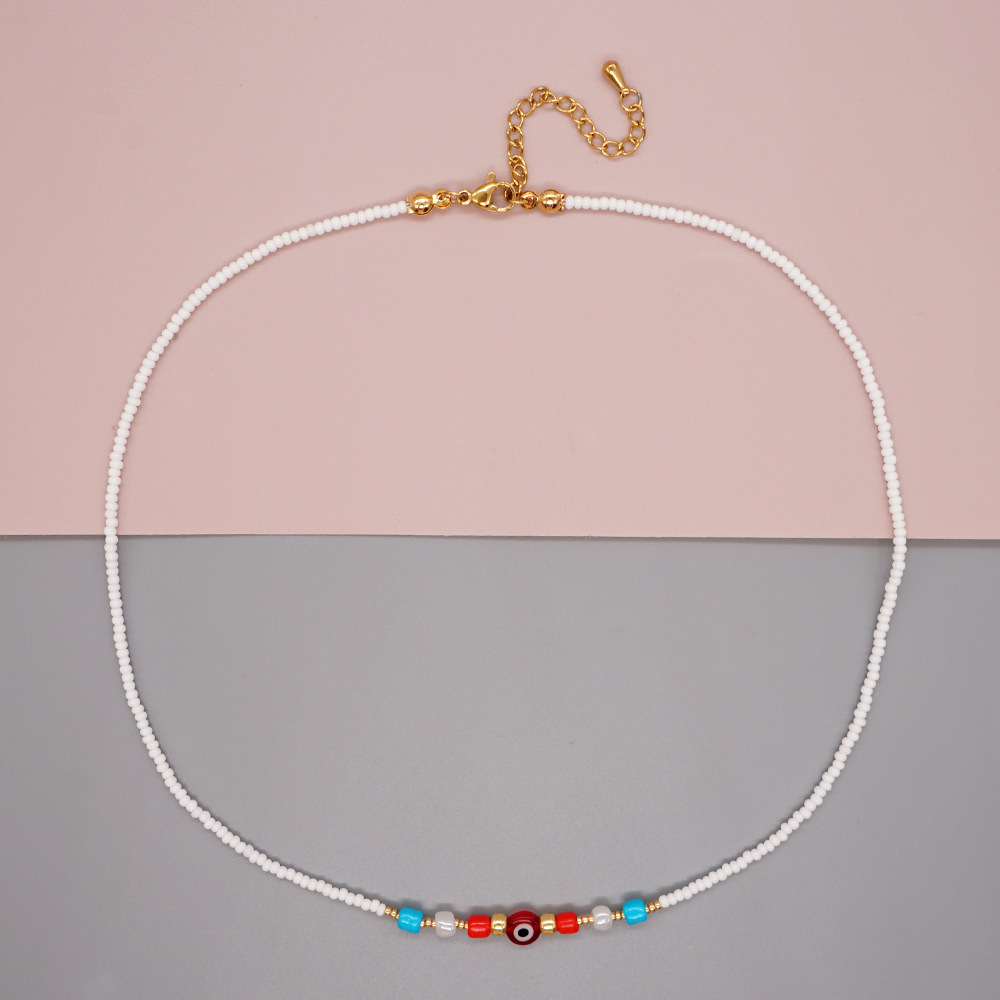 New Bohemian Style White Bead Glass Devilu0027s Eye Beaded Necklace