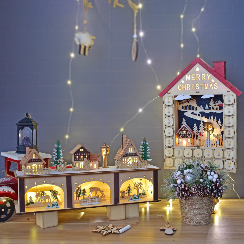 Decoraciones de Navidad hechas a mano de madera luminosa casa DIY caja de calendario creativo decoración de escritorio ventanas de diseño props image 1
