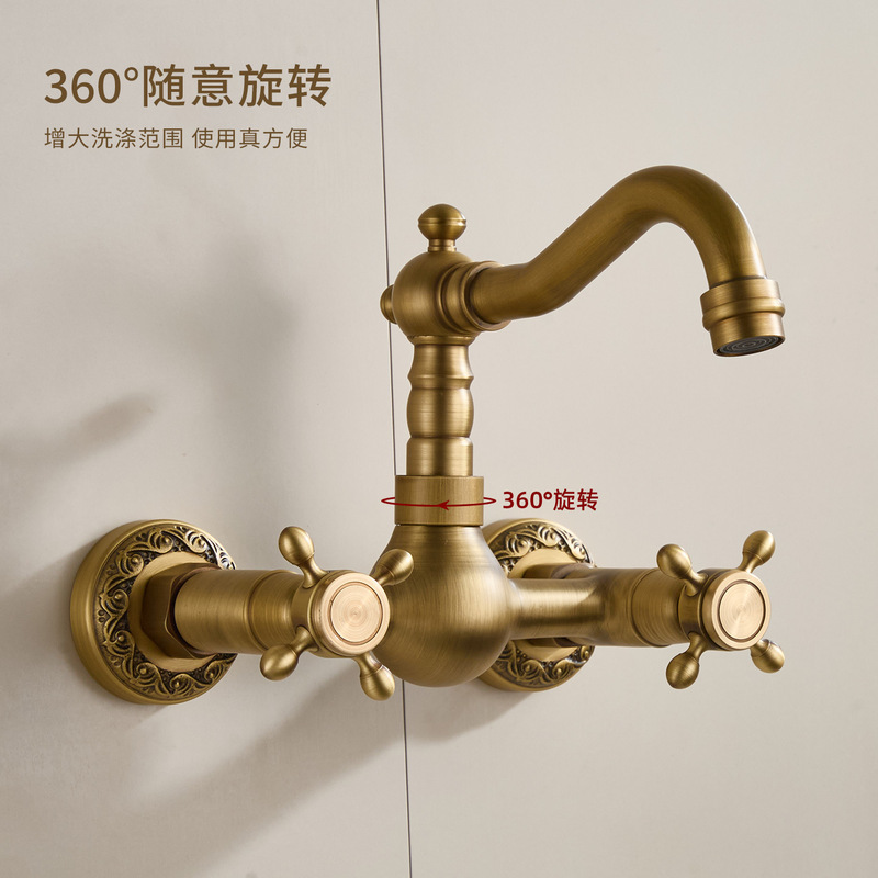 European-Style Bathroom Antique Hot and Cold Bathtub Faucet, Wall-Mounted Double-Open Vintage All-Copper Mixed Bathroom Faucet, Light Luxury