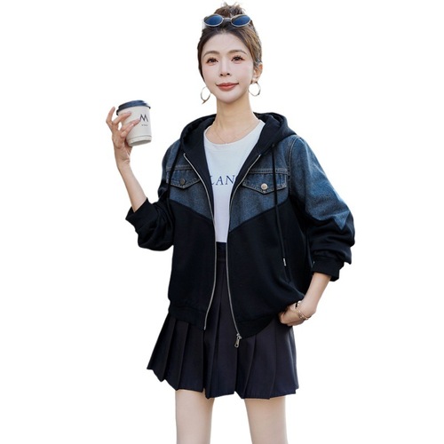 Women's Jeans Patchwork Short Jacket 2025 Spring Fashion Loose Slimming Casual Versatile Hooded Top Trendy