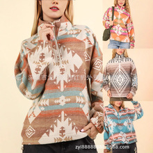 欧美女装2024秋冬新款女装ebay亚马逊复古花型休闲毛呢套头上衣女