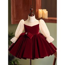儿童生日礼服裙女童红色长袖公主裙高端洋气女孩主持人演出服秋冬