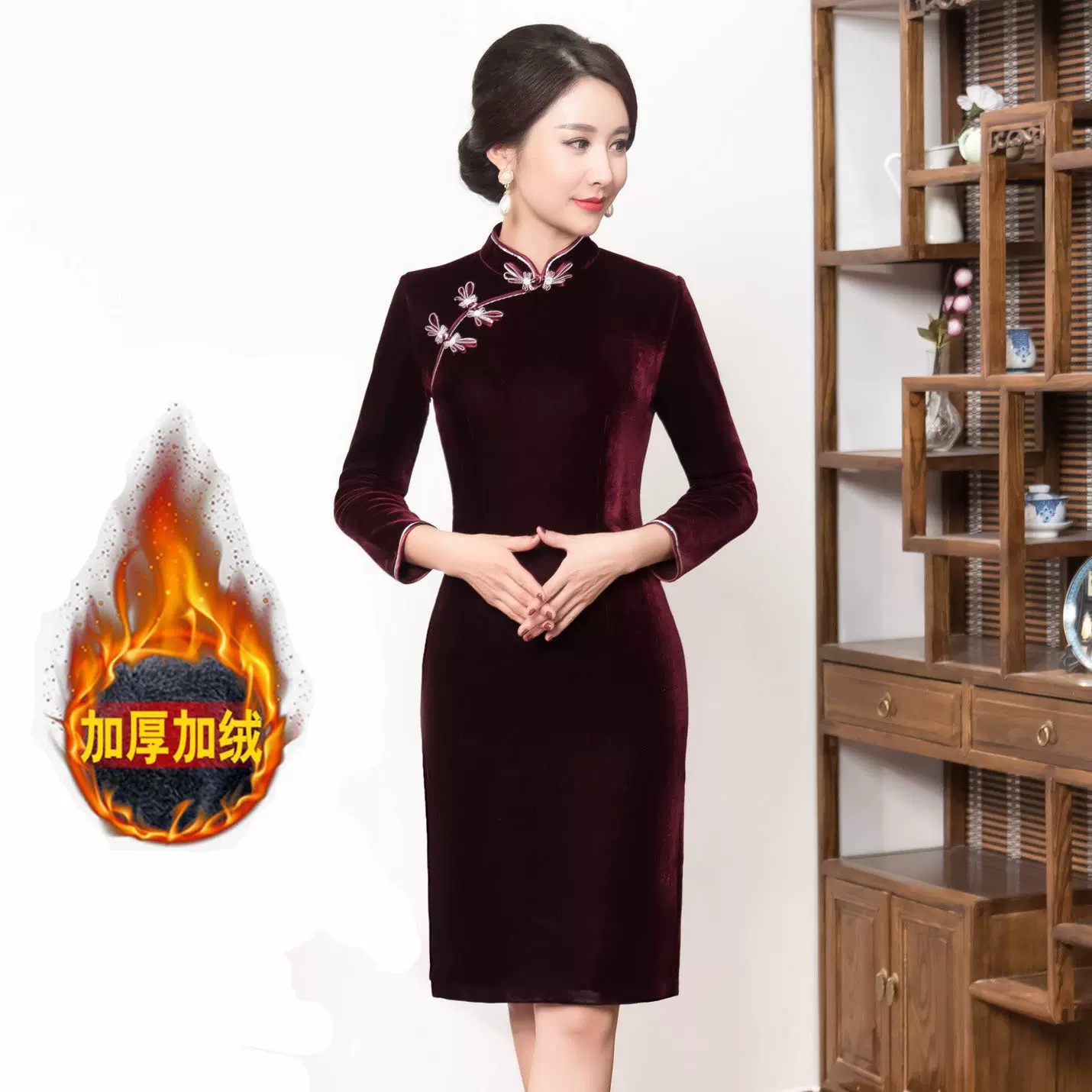 加绒加厚金丝绒旗袍复古修身小个子连衣裙中年妈妈装裙子一件代发