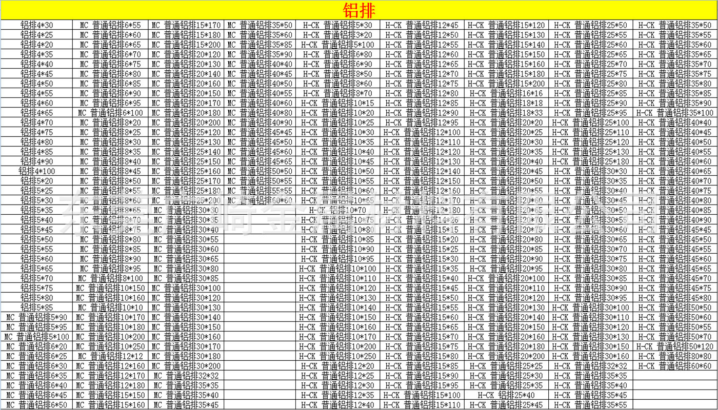 铝排规格表