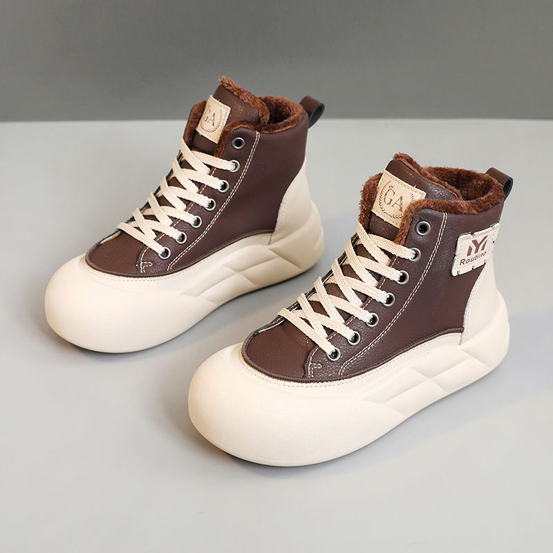 G3509 New New Autumn Winter Thick-Soled Women's Cotton Shoes Color-Block High-Top Warm Fleece Height-Increasing Simple_voghion.com