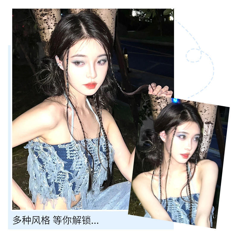 Koni ウィッグ Ji Jingyi スタイル Y2K デニム ホット ガール メタル アクセサリー ドレッドヘア ビーズ リング バックル付き、新しい中国スタイル