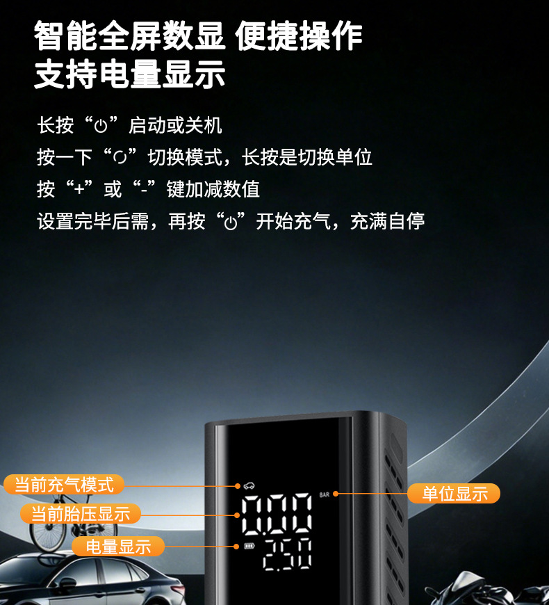 Car-Mounted Wireless Air Pump, Portable Smart Digital Display Air Pump, High-Pressure Car Tire Inflator for Electric Vehicles