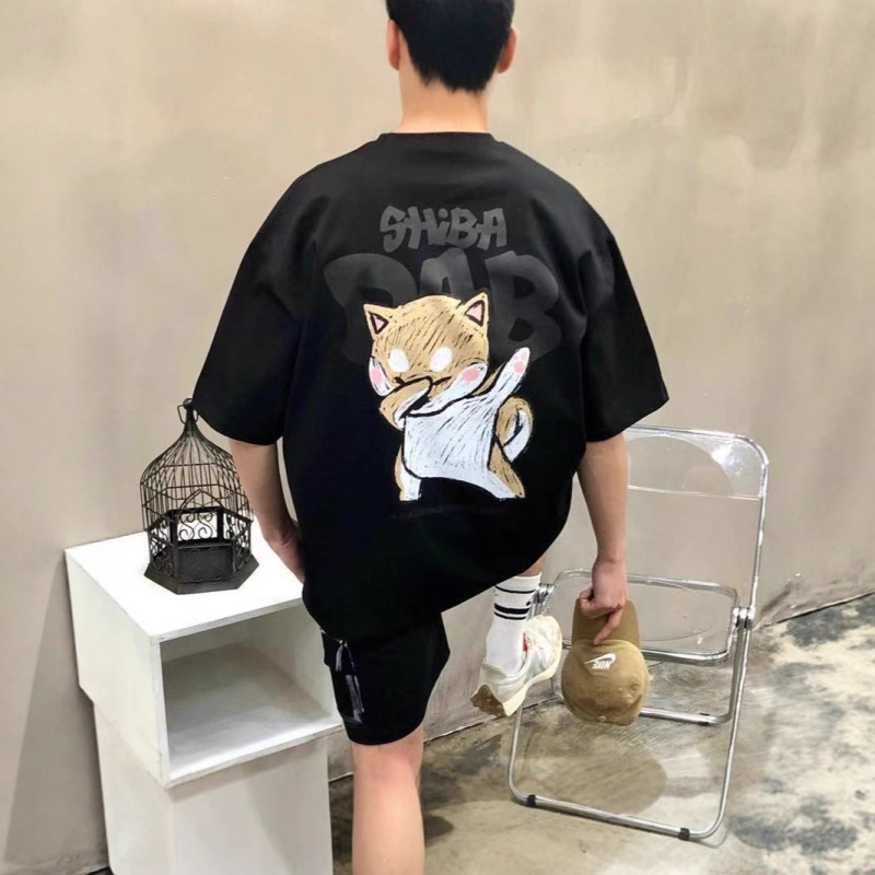 Korean Men's Clothing Dongdaemun Short-Sleeve T-Shirt with Unique Niche Design Featuring a Puppy Pattern for Driving Test Dance