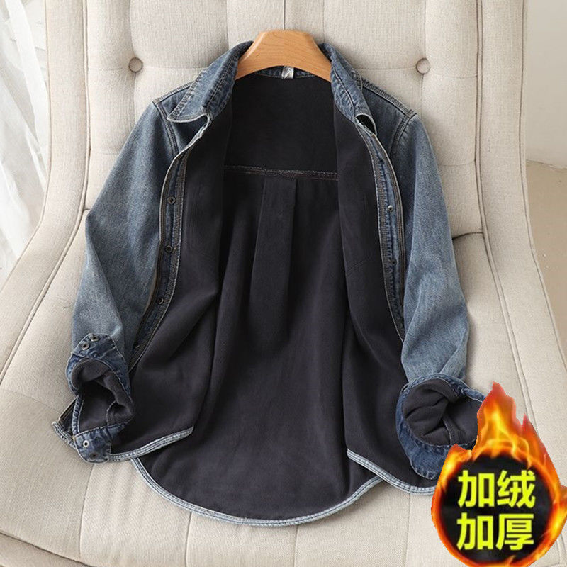Velvet Denim Shirt Women's Autumn and Winter New Loose and Versatile Casual Thickeneded Mid-Length Denim Shirt Large Size Jacket