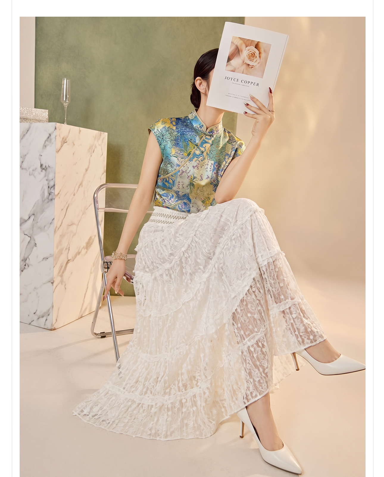 Váy dài ren cao eo nữ — Mực đen, Gạo trắng chi tiết 3