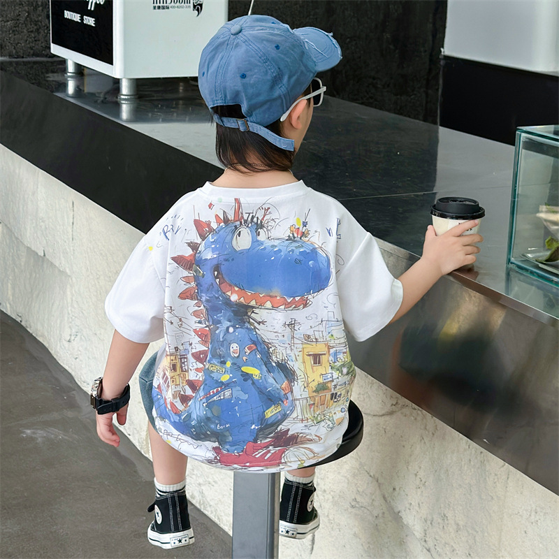 7327 Traje de camiseta de dinosaurio para niños 2025 Nuevo estilo de verano de manga corta para niños guapos Juego de dos piezas de celebridades de Internet Verano 6