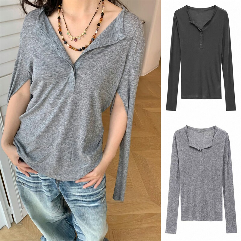 Tencel Cotton Wool Henley Collar Open Sleeve Two-Wear Long-Sleeved T-Shirt Top for Women