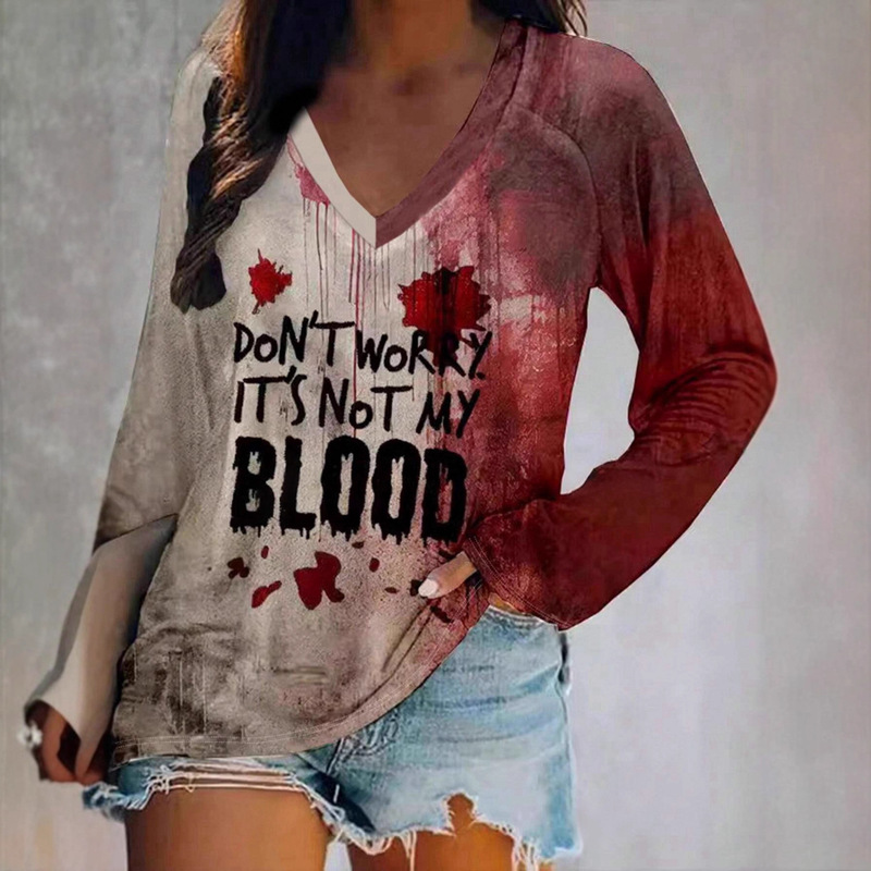 Cross-Border Popular Women's Long-Sleeve Printed Round-Neck Casual T-Shirt Christmas Halloween Art Graffiti Rendering Women's T-Shirt Cross-Border Popular Women's Long-Sleeve Printed Round-Neck Casual T-Shirt Christmas Halloween Art Graffiti Rendering Women's T-Shirt