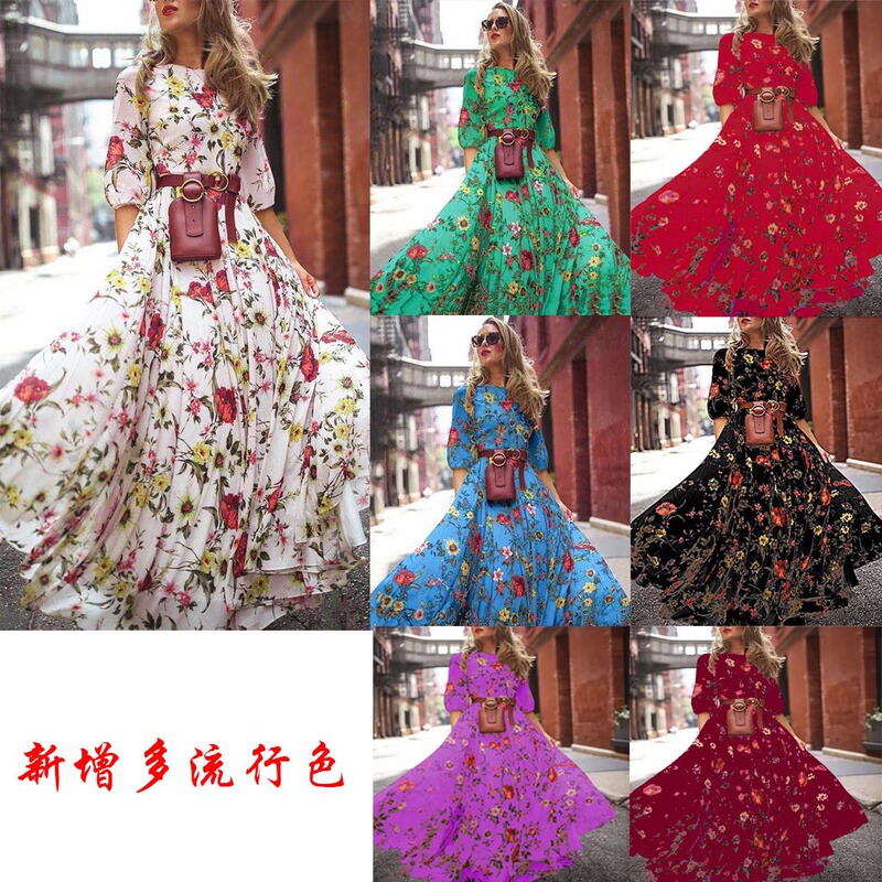 European and American Cross-Border Supply New Fashion Printed Long Skirt with Large Hem, Bohemian Vacation Style Dress