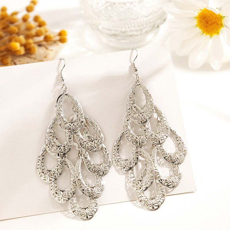 Cruz-frontera hueco metal multi-capa hoja pendientes vintage estilo étnico gota de agua ronda geométrica borla pendientes al por mayor
