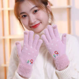 冬季女保暖时尚五指手套针织触屏户外运动手套成人加绒露手指手套