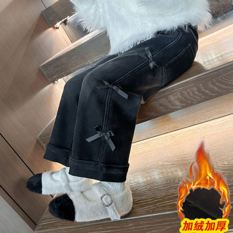女童阔腿裤秋冬小童加绒加厚宽松直筒牛仔裤冬款黑色冬季儿童裤子