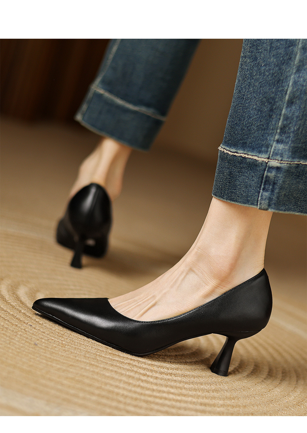 Giày cao gót nữ mũi nhọn gót 6 cm da bò thật phong cách Hàn Quốc — Màu nâu chi tiết 5