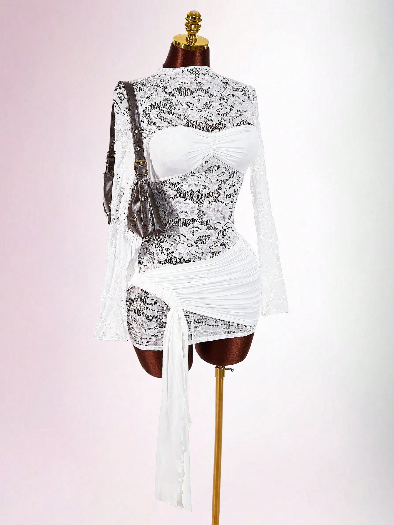 Sexy Lace Trimmed Mesh Fabric Round Neck Long Sleeved Slim Fit Pleated Tie Up Dress_ecoleips.com