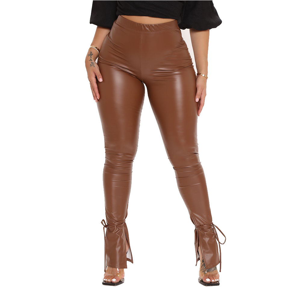 sexy high-waist high elastic micro-horn side slit PU leather pants NSDLY118701