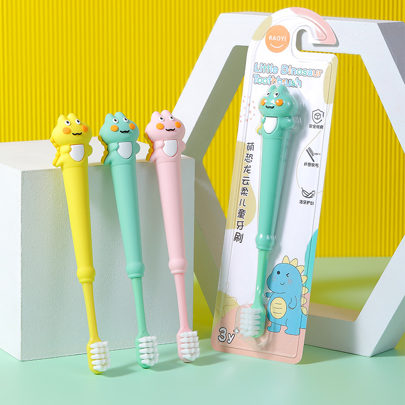 Children's toothbrush single pack 3-12 years old cute dinosaur silicone brush handle fine soft hair baby toothbrush factory in stock wholesale
