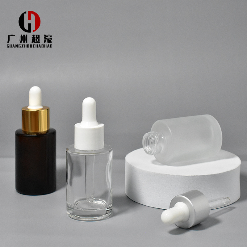 现货30ml透明圆柱滴管平肩精油瓶 黑色精华原液瓶 茶色玻璃分装瓶