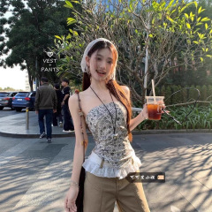 辣妹印花抹胸背心女2025夏季新款不规则蝴蝶结外穿显瘦小众上衣潮