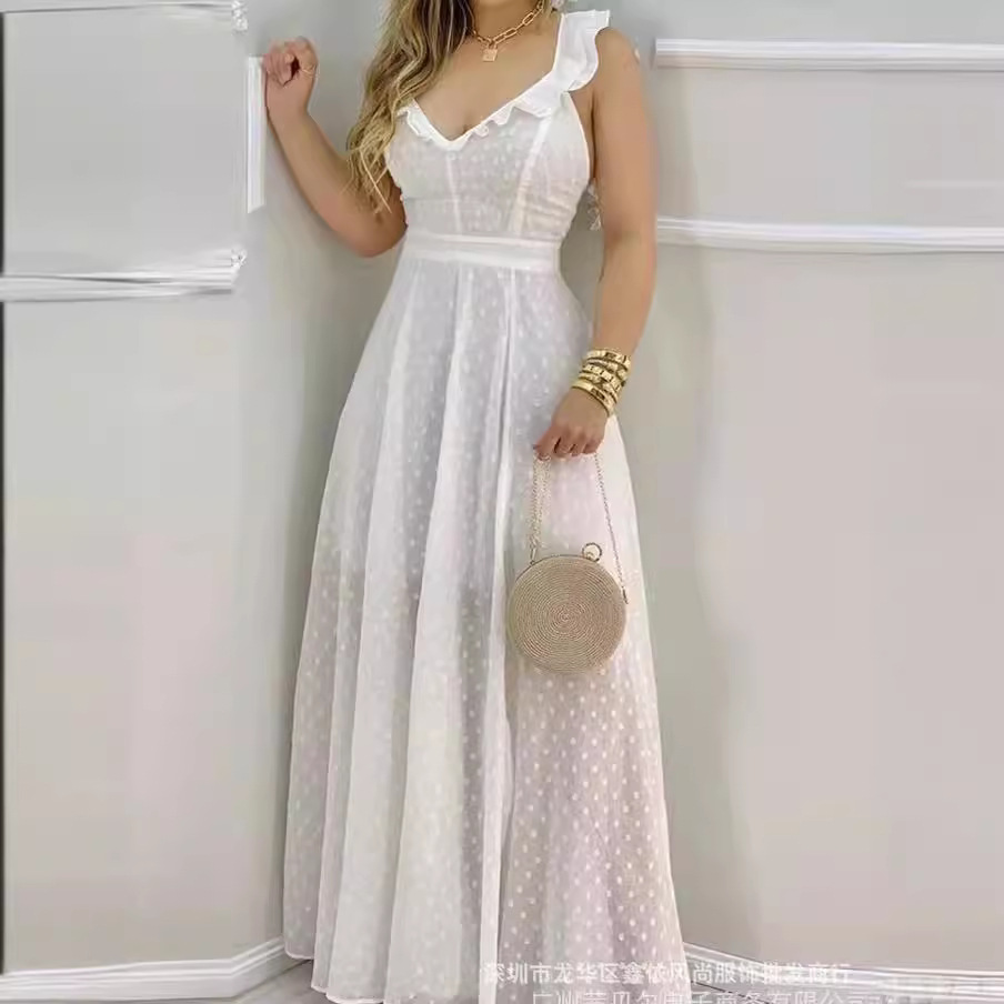 2021 Amazon European and American new long strap V-neck large swing solid color dress large quantity in stock
