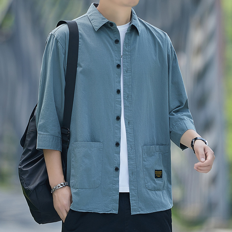 Summer Cotton Seven-Sleeve Men's Shirt Hong Kong Style Casual Cotton Tooling Shirt Jacket Loose Men's Top Trendy