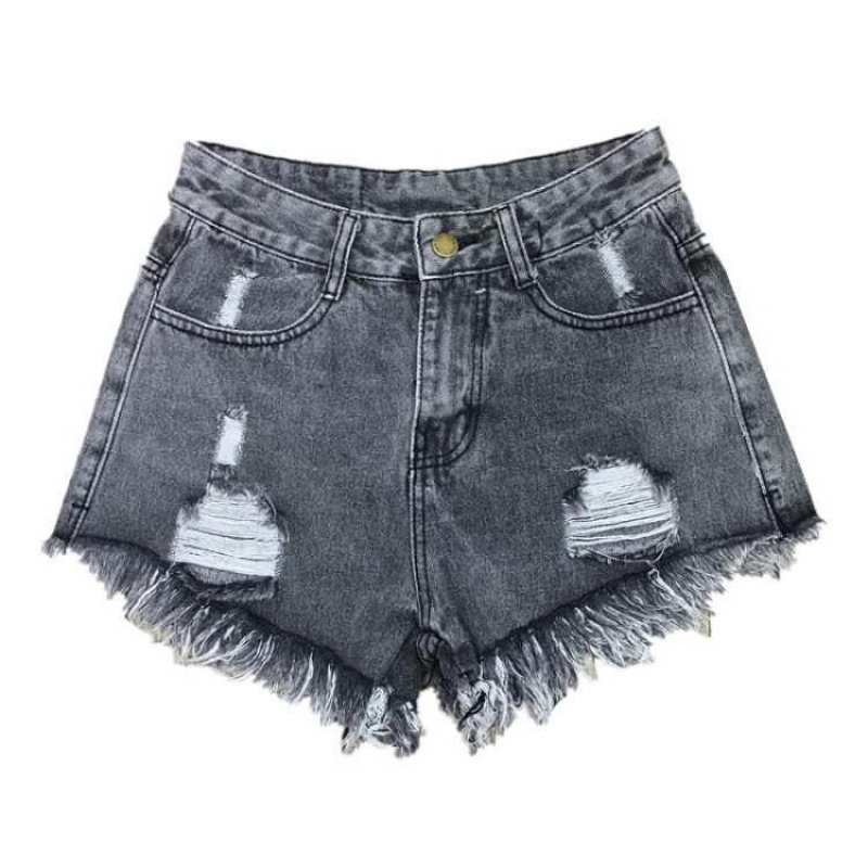 Women's Summer Ripped Denim Shorts Versatile High-Waisted Wide-Leg Black Shorts for Students Slimming Low-Rise