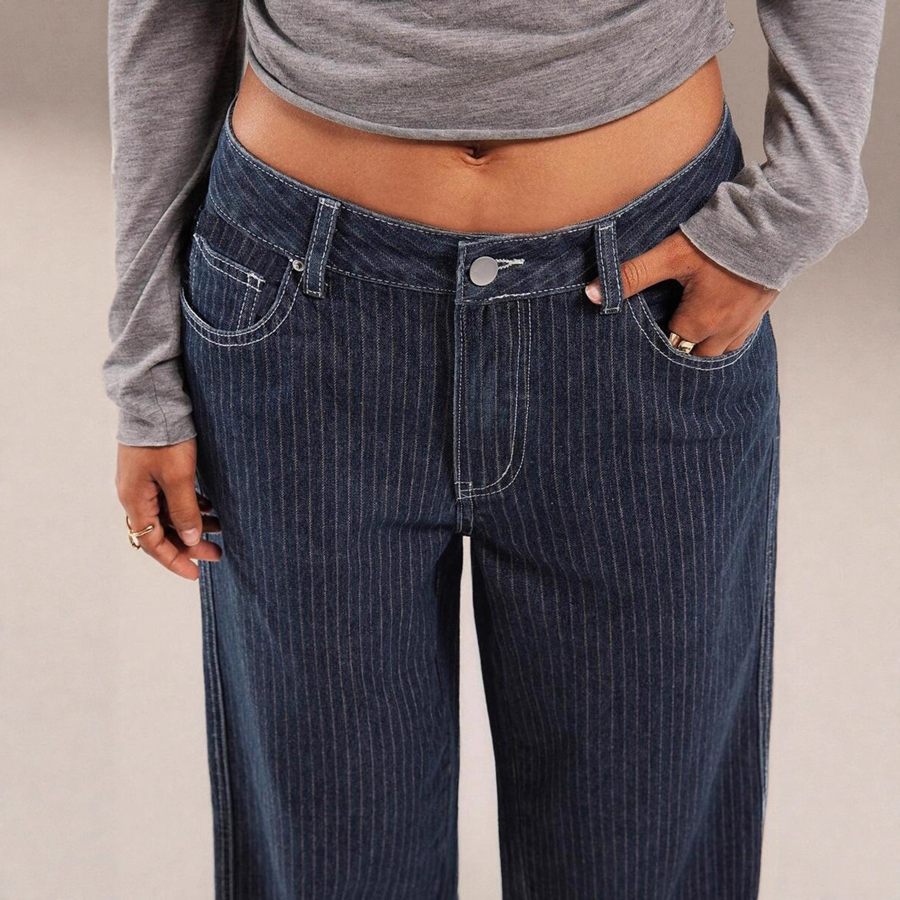 European And American Cross-border Women's Jeans, 2025 Autumn New Style, Blue Striped Casual Straight-le,_ecoleips.com