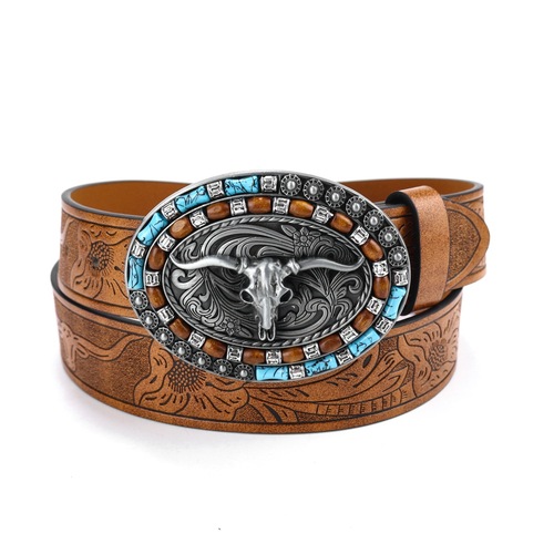 Cross-border Western Denim Belt Bull Head Big Buckle Trendy Retro Youth Retro Men's Punk Leather Belt