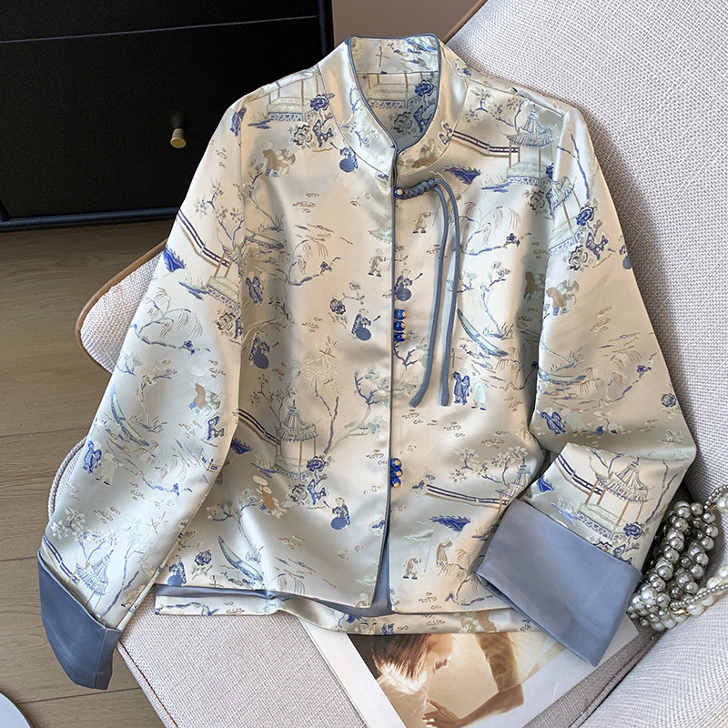 实拍新中式气质立领汉服盘扣提花织锦织金重工刺绣上衣开衫女外套