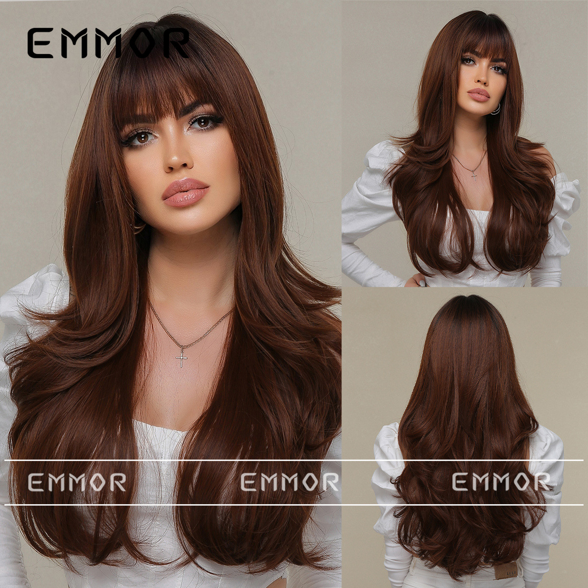 Nueva llegada europeo y americano Comercio exterior transfronterizo peluca femenina flequillo recto rojo marrón largo pelo rizado completo cabeza cubierta peluca