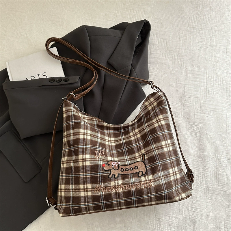 Capacious Convertible Shoulder Bag Backpack, Plaid Pattern with Embroidered Motif, Spacious