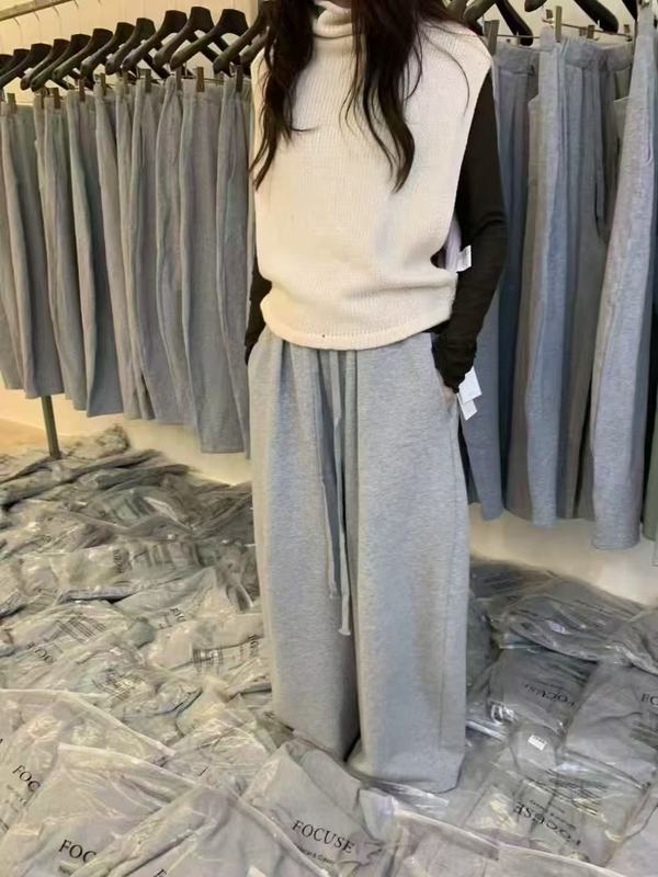 韩系极简风松紧腰系带百搭休闲裤女2025年秋季新款显瘦直筒阔腿裤|undefined