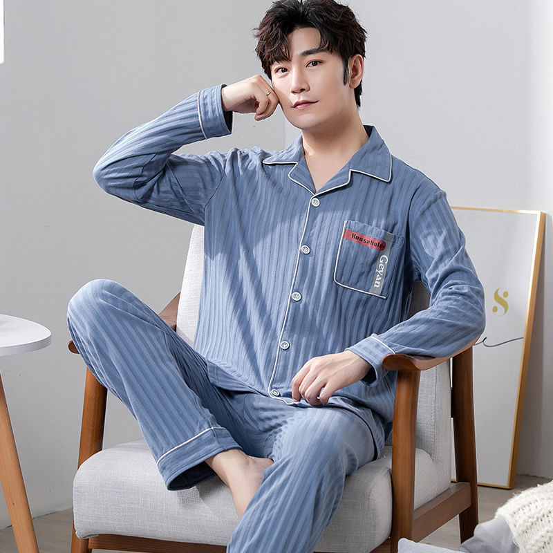 Pajamas de algodón extra grande primavera y otoño hombres cardigans de manga larga juventud de mediana edad ropa de hogar simple y suelta