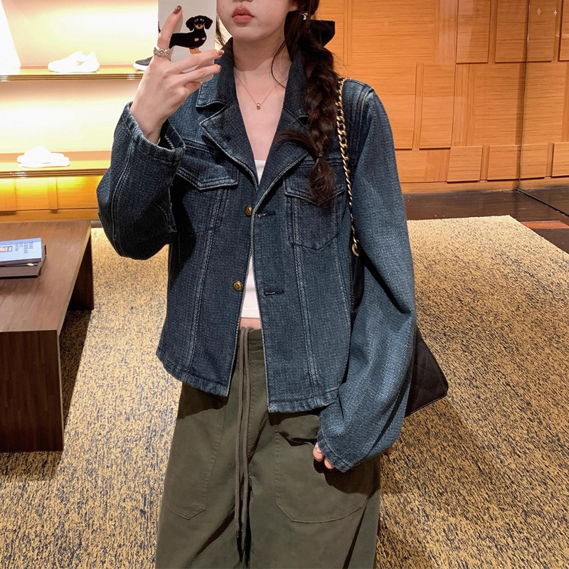 秋季短款翻领复古做旧老钱风软牛仔夹克外套女2025高级感小众上衣|undefined