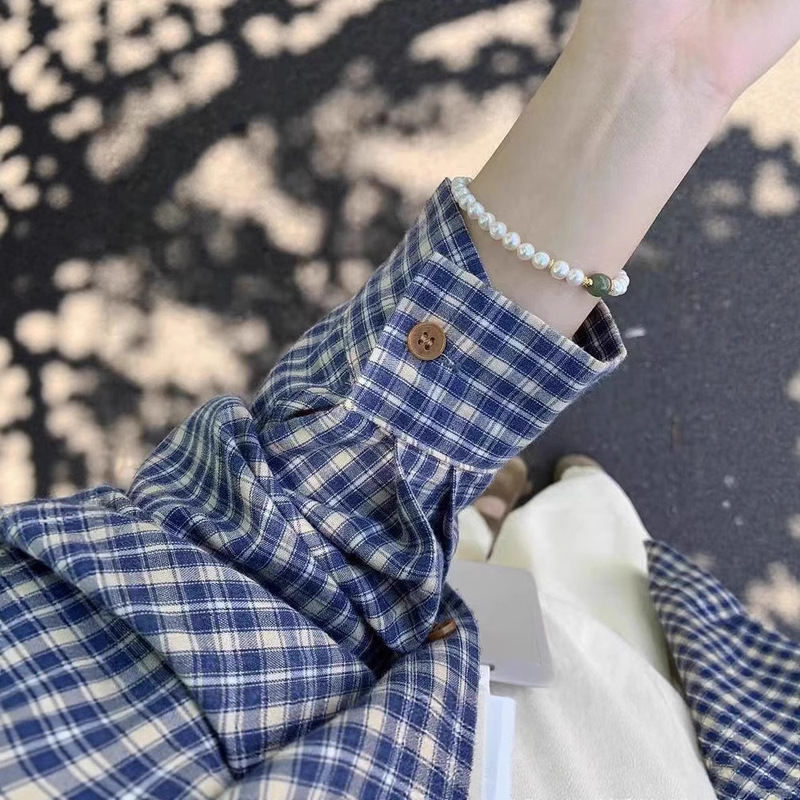 Korean Blue Plaid Long-Sleeved Shirt for Women in Summer Retro Loose Design Niche Sun Protection Shirt Outer Top