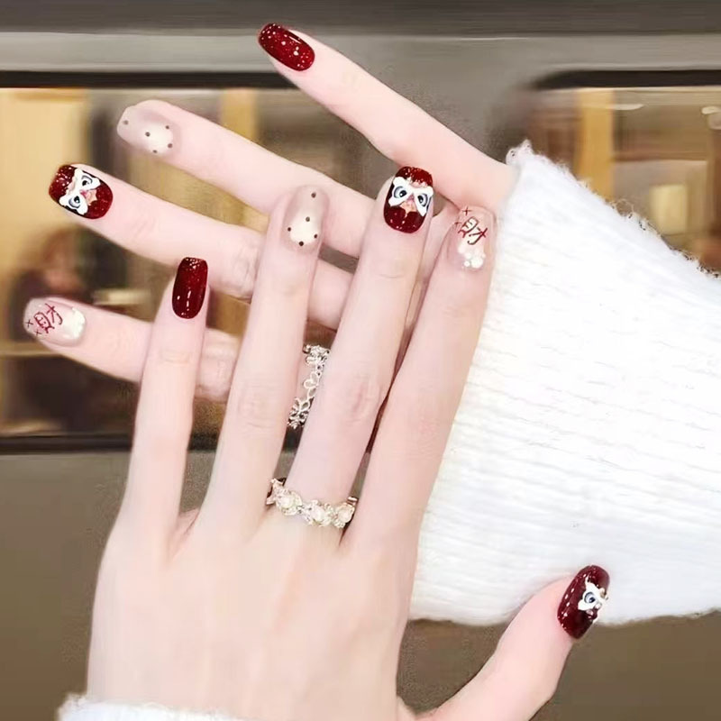 Lion Dance Cat-Eye New Year's Eve Nail Art with a High-End Feel, Available in Long and Short Styles, Red Nail Stickers, Factory Wholesale