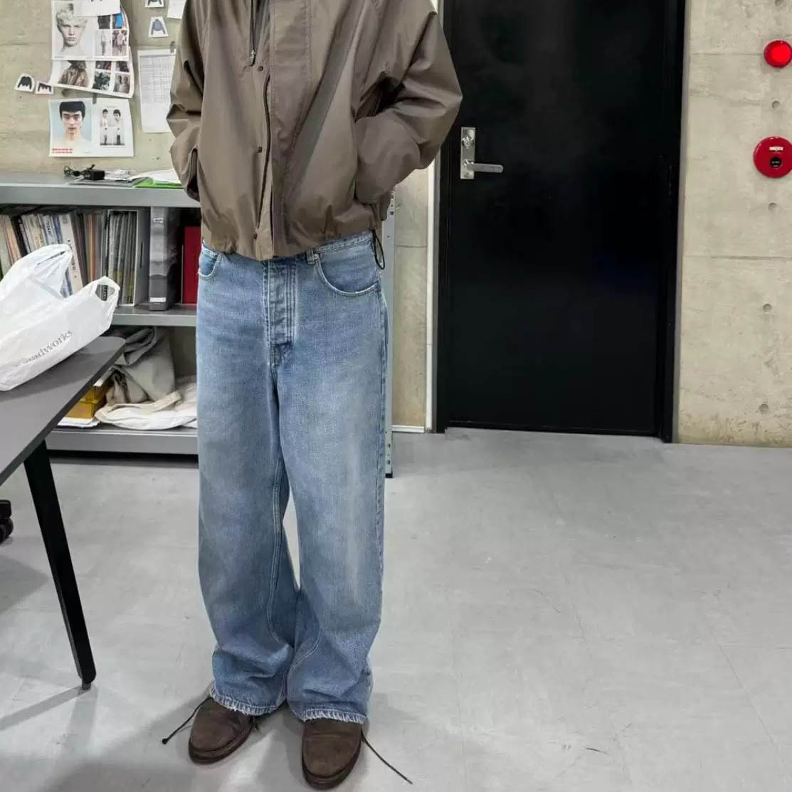 Vujade009 Pure Cotton American Cleanfit Retro Vibe Blue Distressed Washed Straight Jeans Trendy