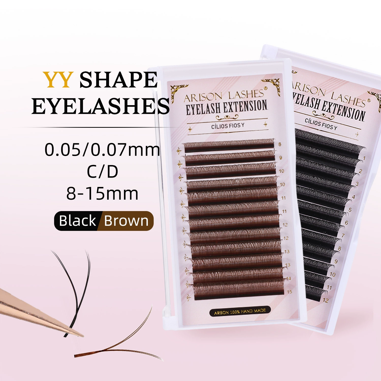 Arisonlashes наращенные плотно 0.07yy черные двойные -волосые кончики матовые сетчатые -формы фоксик ресницы