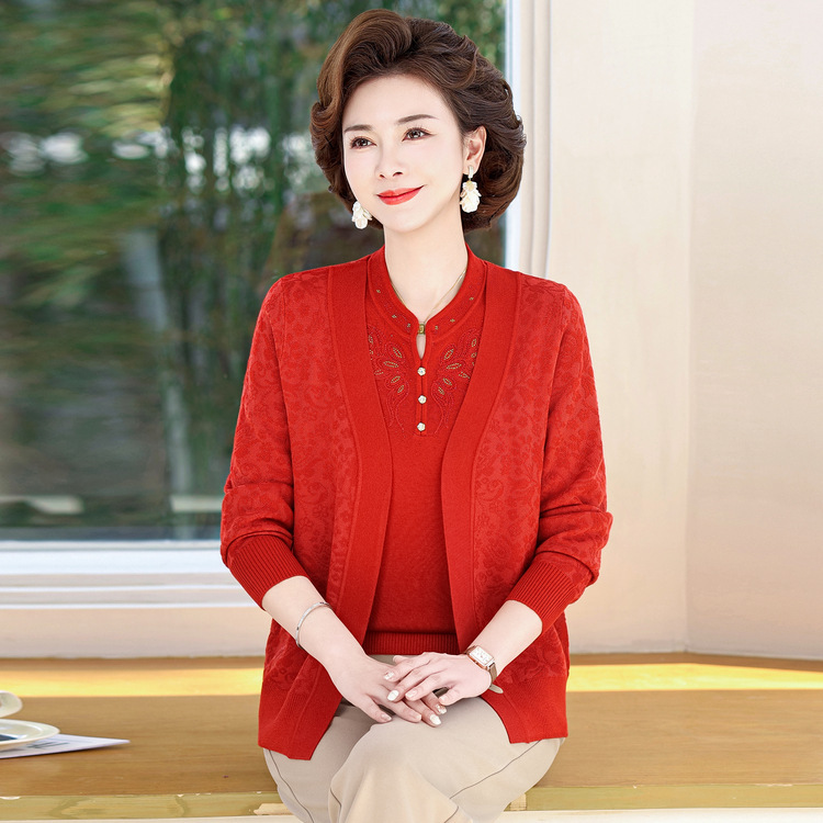 2025春秋薄款针织衫两件套装妈妈大码外搭开衫新款大码妈妈装|undefined