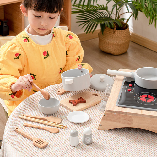 Young children's wooden simulated kitchen stove, pots, bowls, chopsticks, cooking and playing house, mini induction cooker, cooking toy