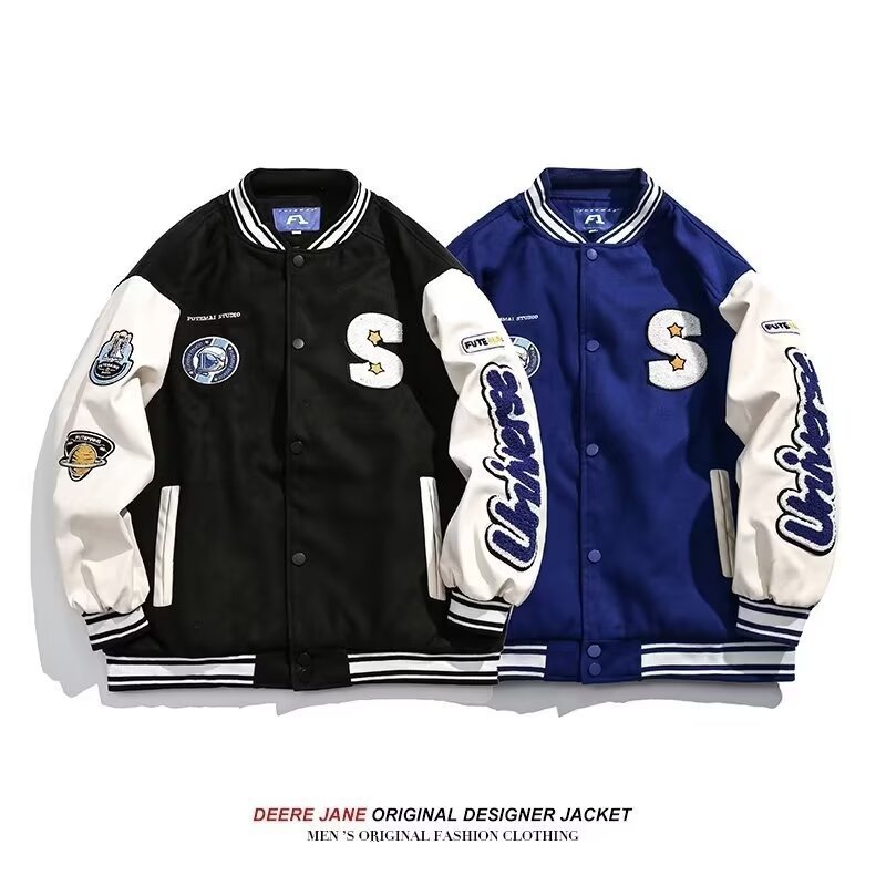 American Retro Men's Baseball Uniform Custom Leather Sleeve Patchwork Sports Jacket Men's Trendy Loose Casual Clothing