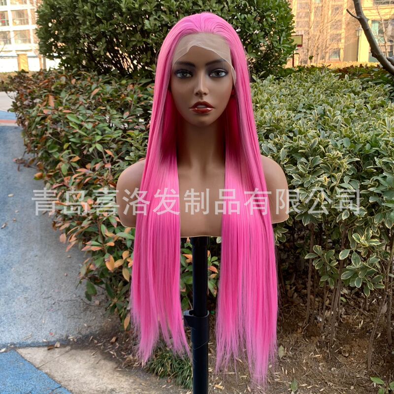 Cross-border Hot Amazon Hot Red Pink Front Lace Wig Long Straight Free Slit Matte Chemical Fiber Headgear