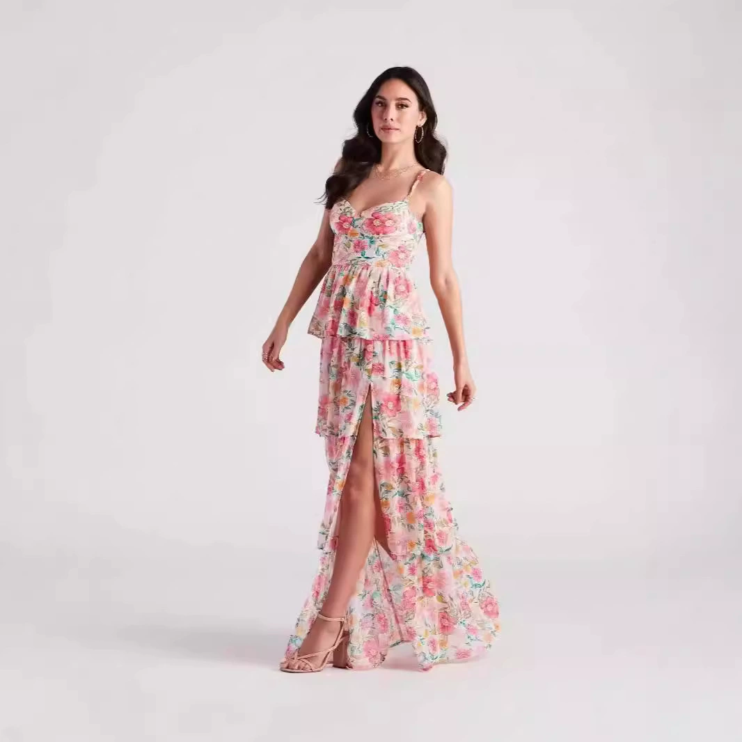 Весна и лето новая модная длинная юбка французская элегантная темпераментная тонкая подтяжка с принтом длинная многослойная юбка для торта